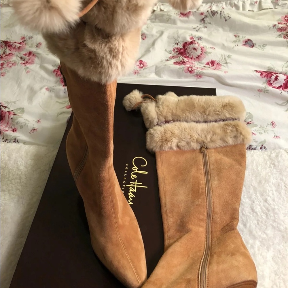 KNEE BOOTS WITH TRIANGLE LOGO IN CAMEL SUEDE main image 0